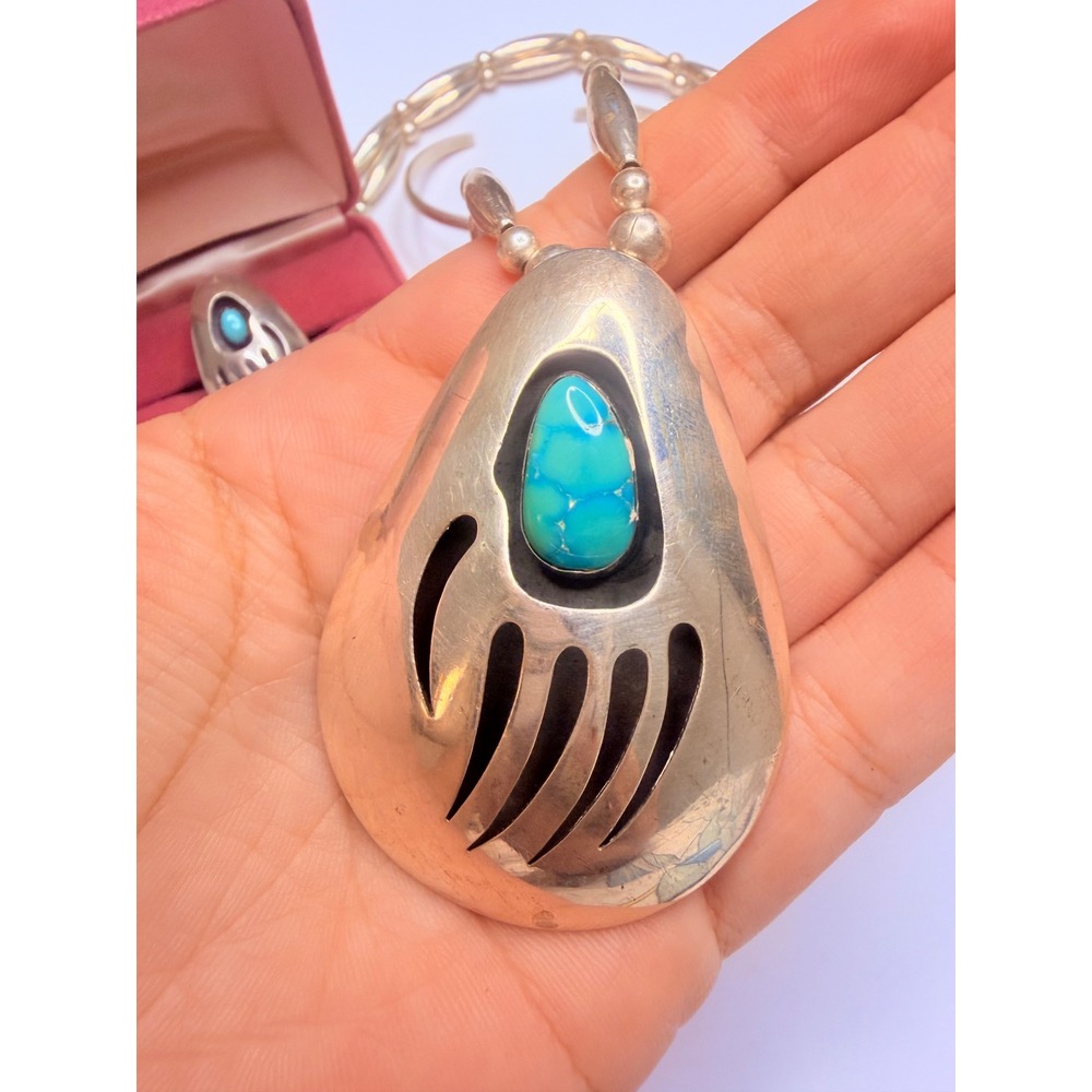 Lloyd Nelson Navajo Sterling Silver Turquoise Bear Paw Jewelry Set - Picture 4 of 14